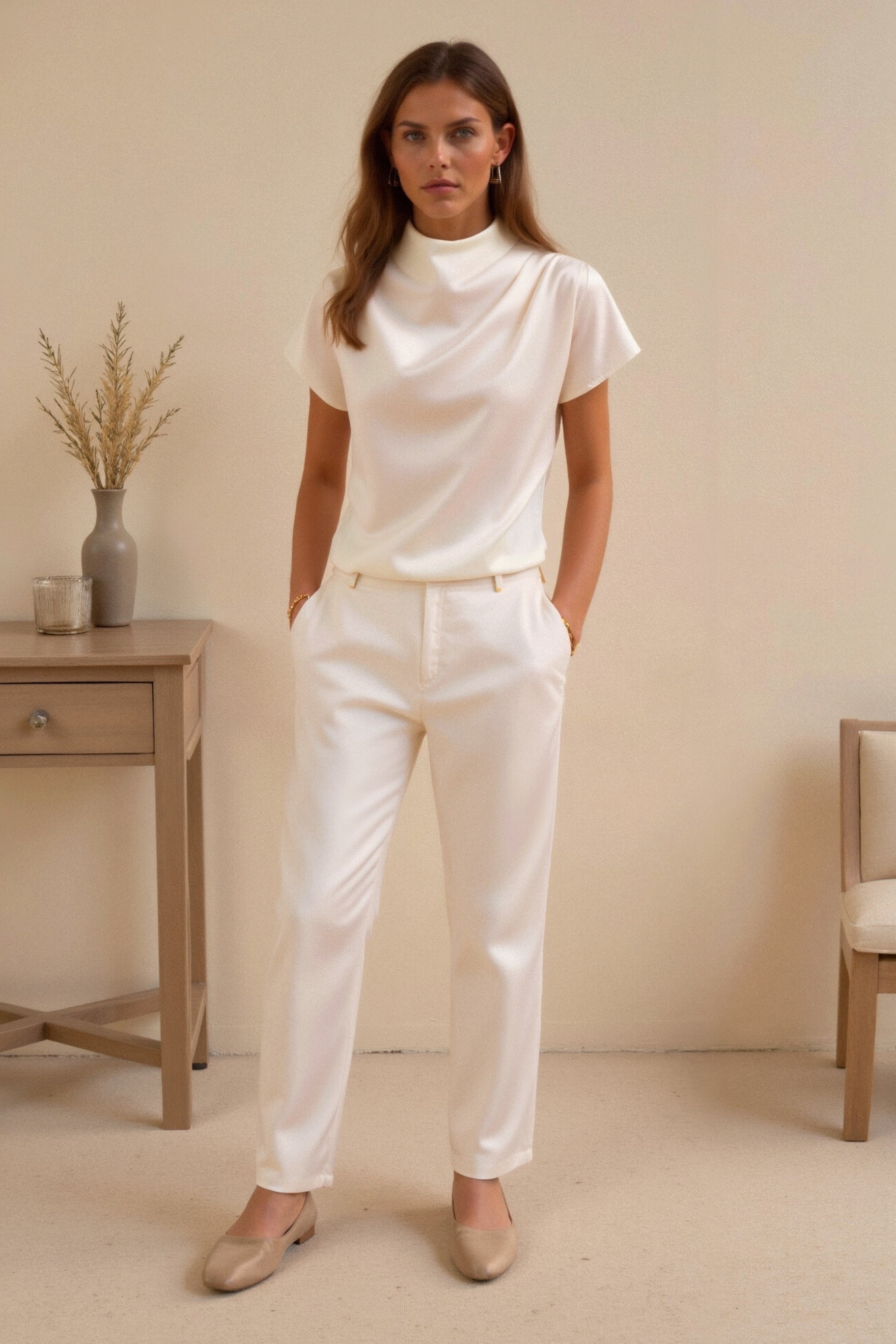 Plain Premium Solid Pleated Mock Neck Blouse