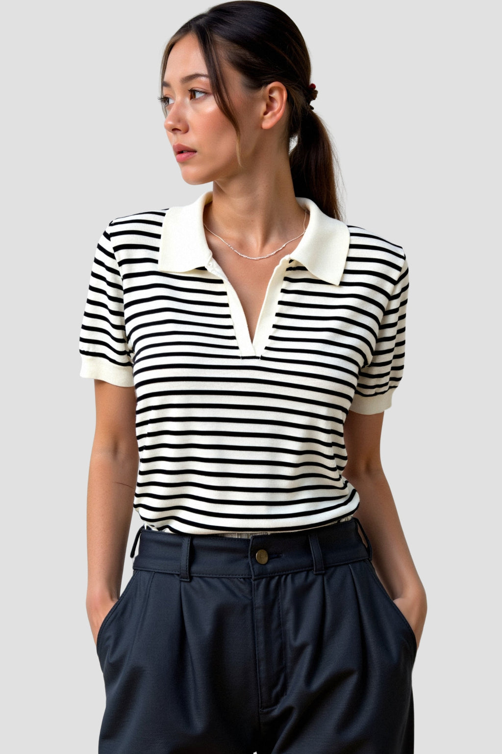 Versatile Striped Pattern Collared Top