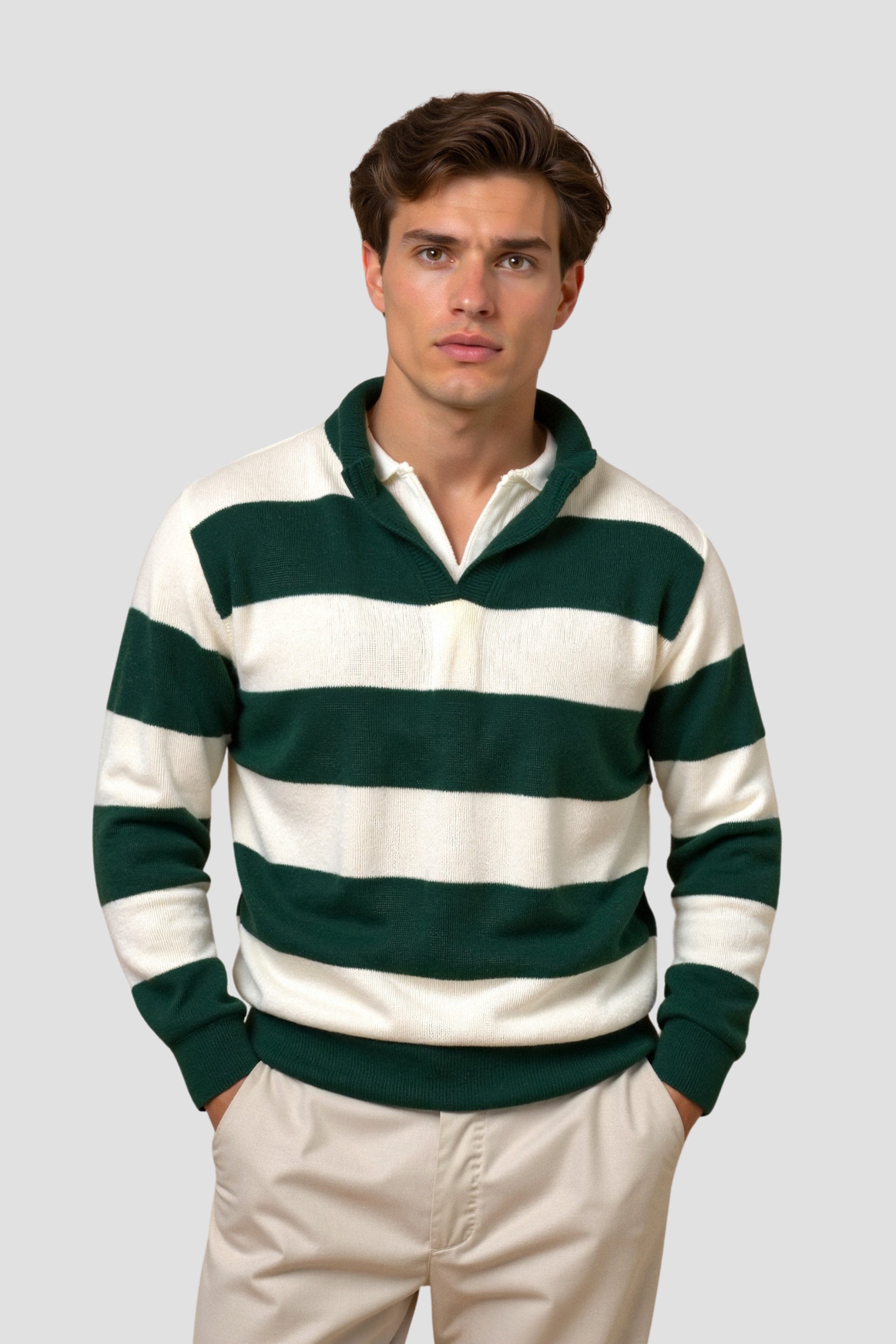 Green Color Block Striped Knitted Polo Pullover