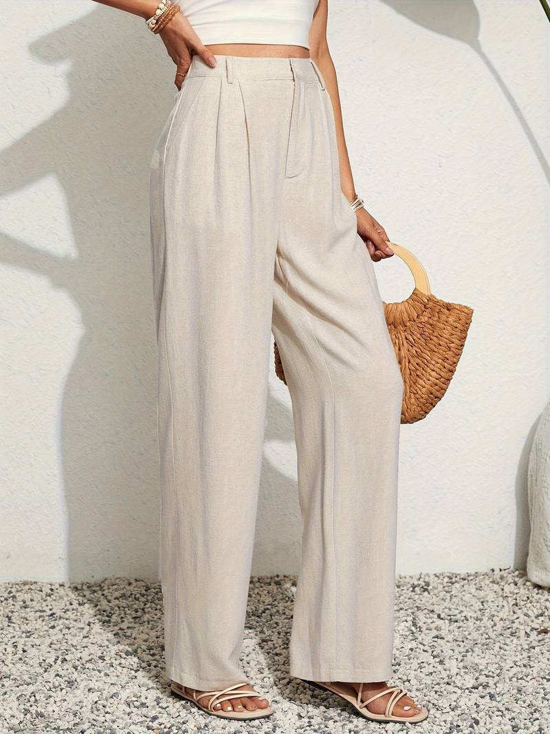 Loose Solid Color Pleated Straight Leg Pants