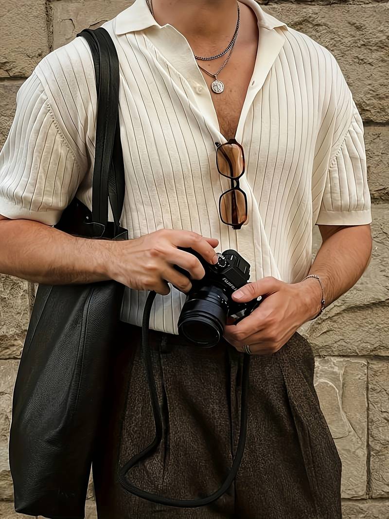 Classic Ribbed Short Sleeve Lapel Collar Knitted Shirt