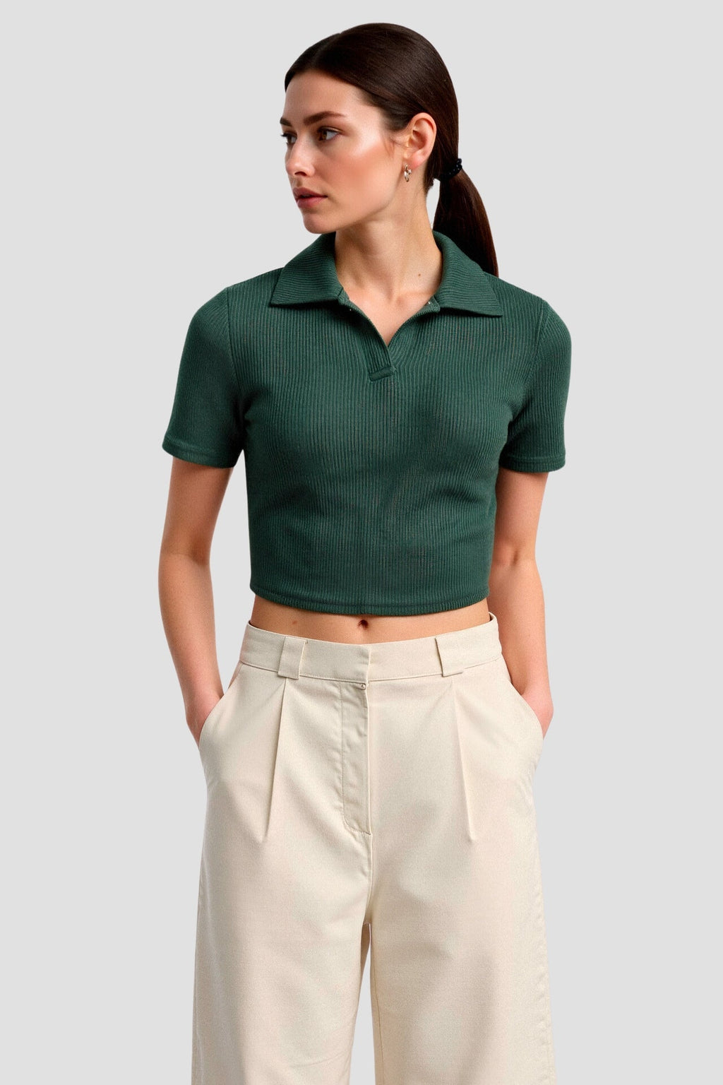 Cropped Solid Collared Short Sleeve Ribbed Polo T-shirt