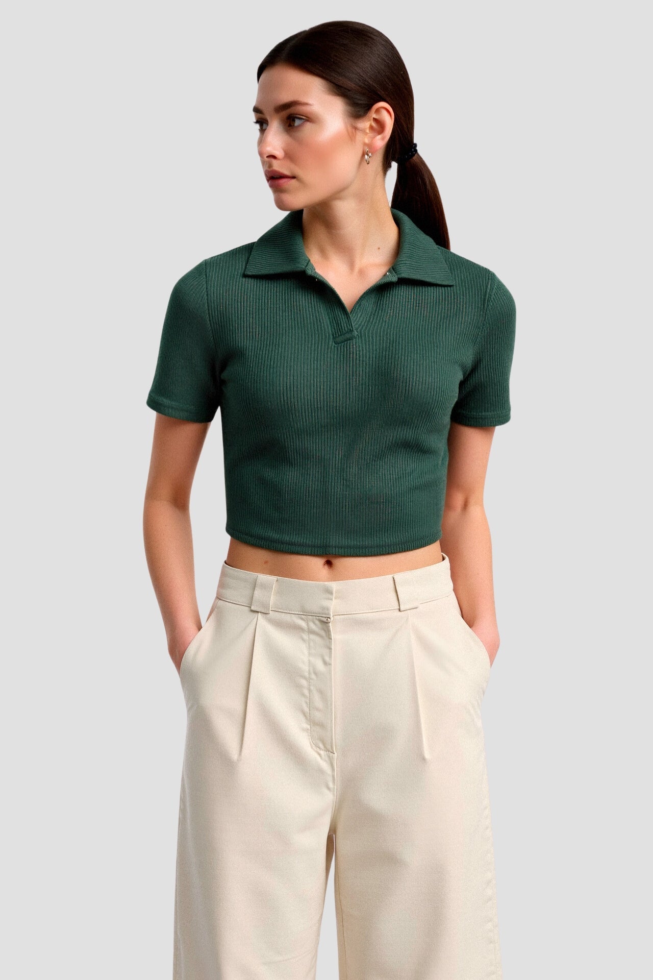Cropped Solid Collared Short Sleeve Ribbed Polo T-shirt