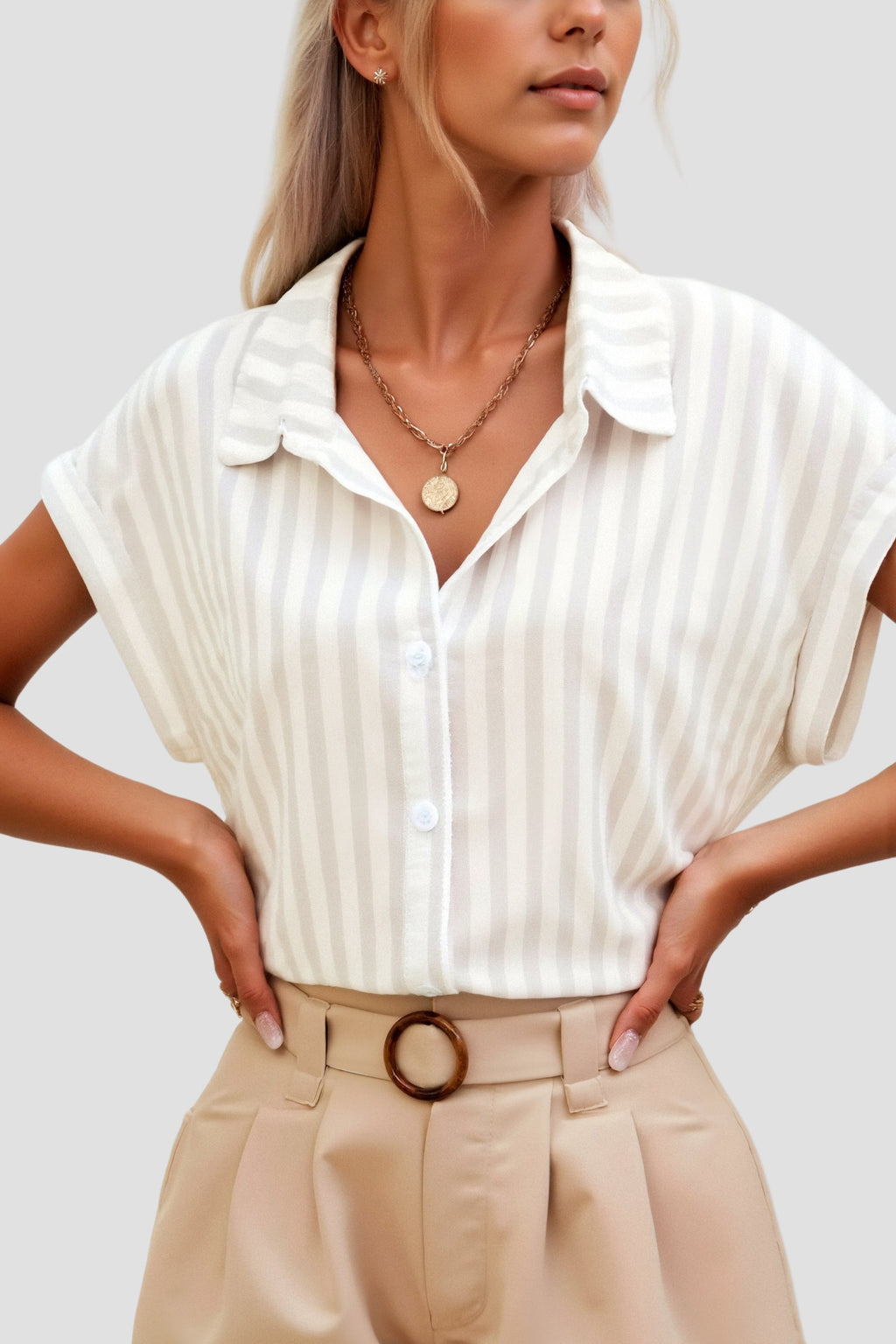 Casual Summer Elegant  Striped Button Front Shirt