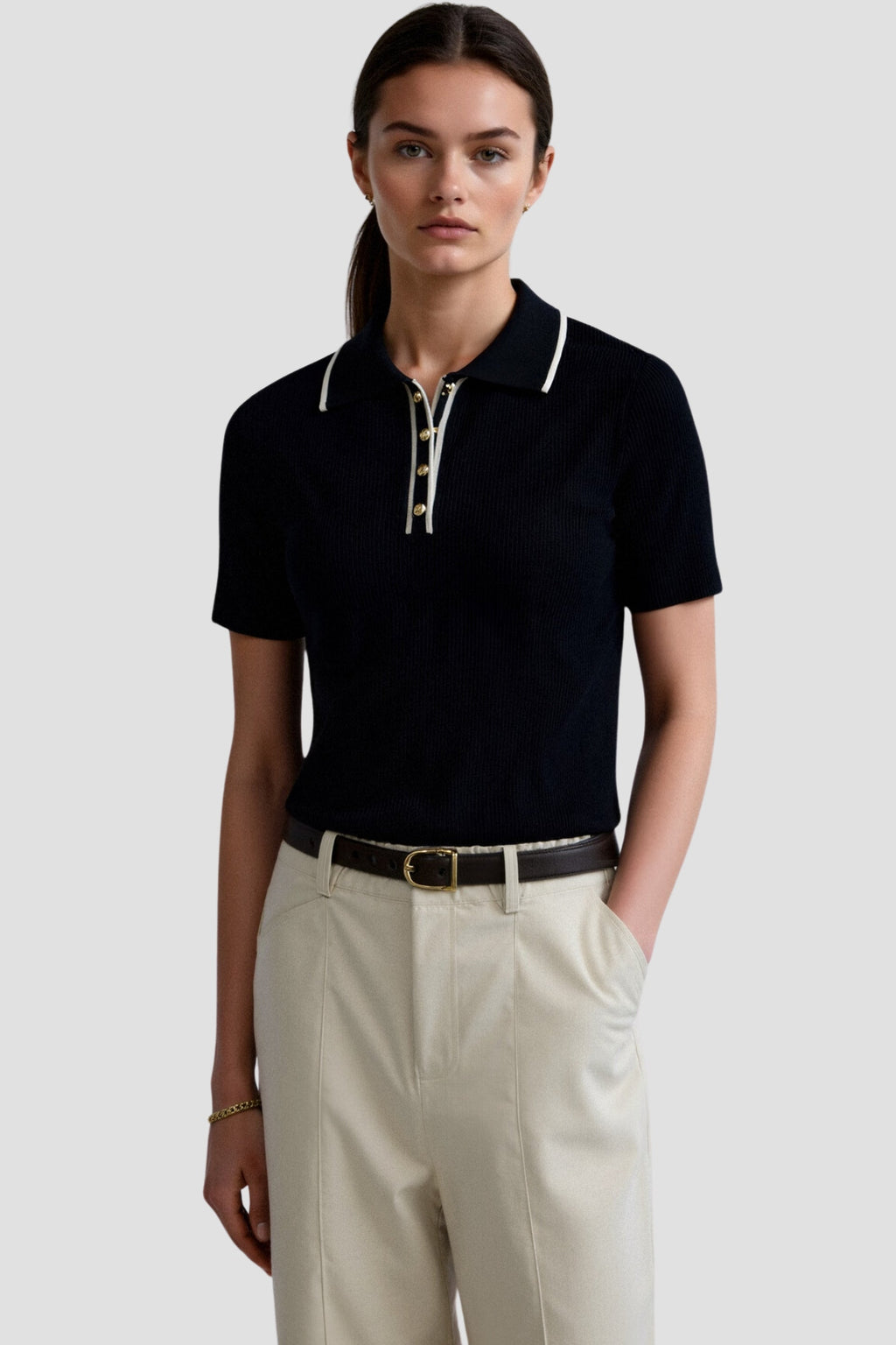 Contrast Elegant Trim Collared Slim Button Up Polo T-Shirt