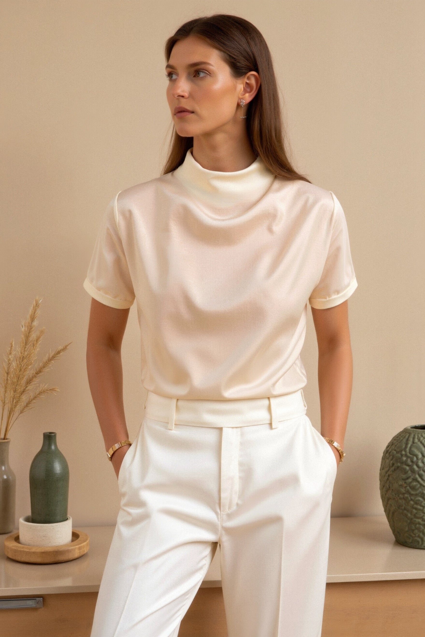 Plain Premium Solid Pleated Mock Neck Blouse