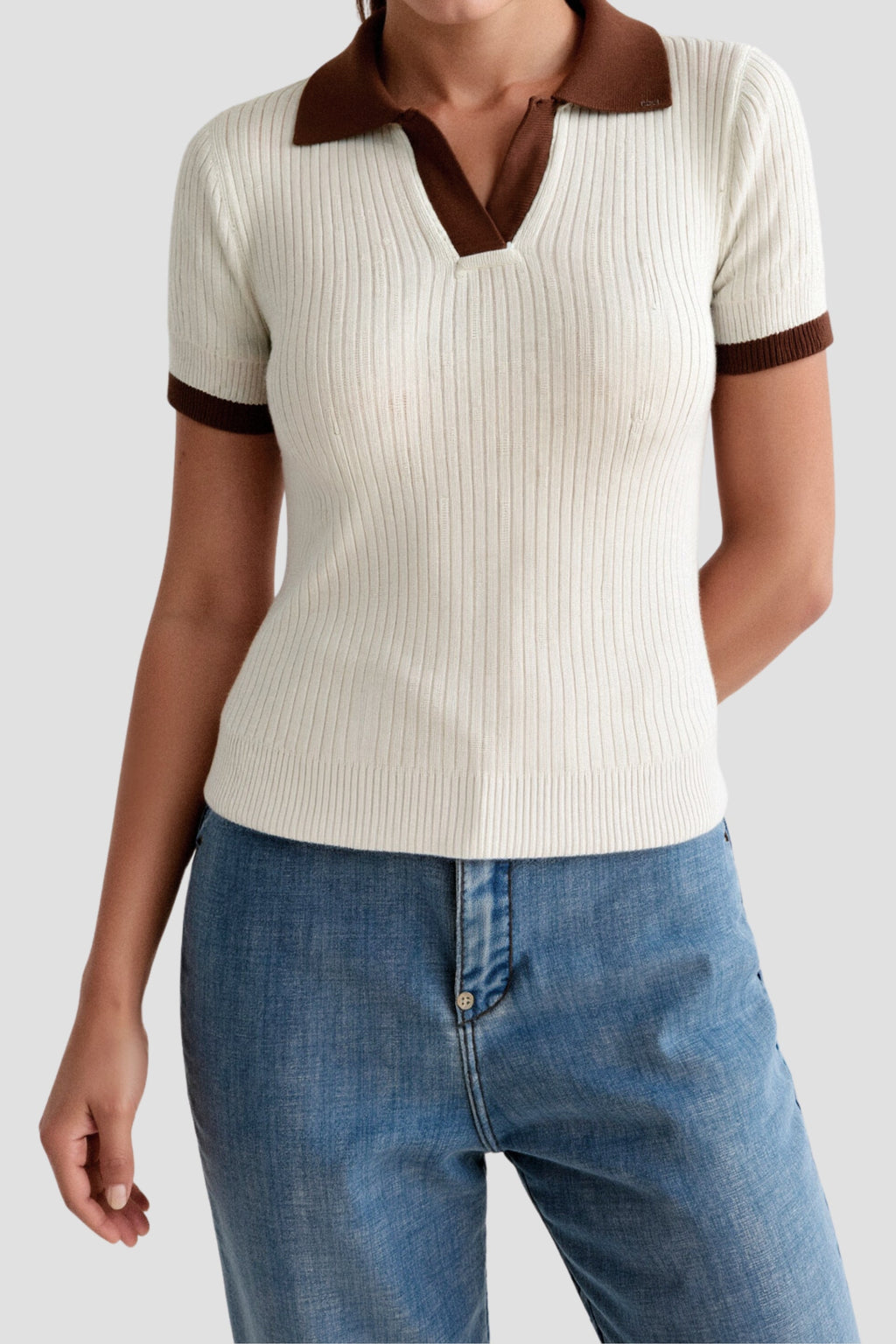 Casual Polo Color Block Notched Collar Knitted Top