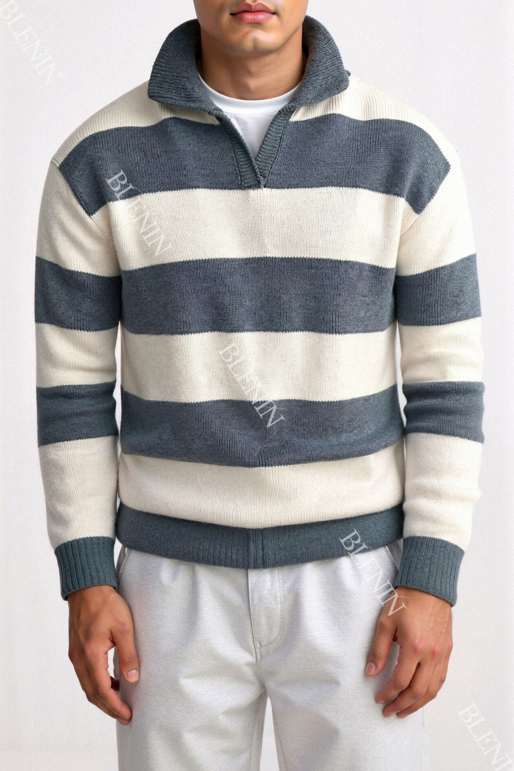 Green Color Block Striped Knitted Polo Pullover