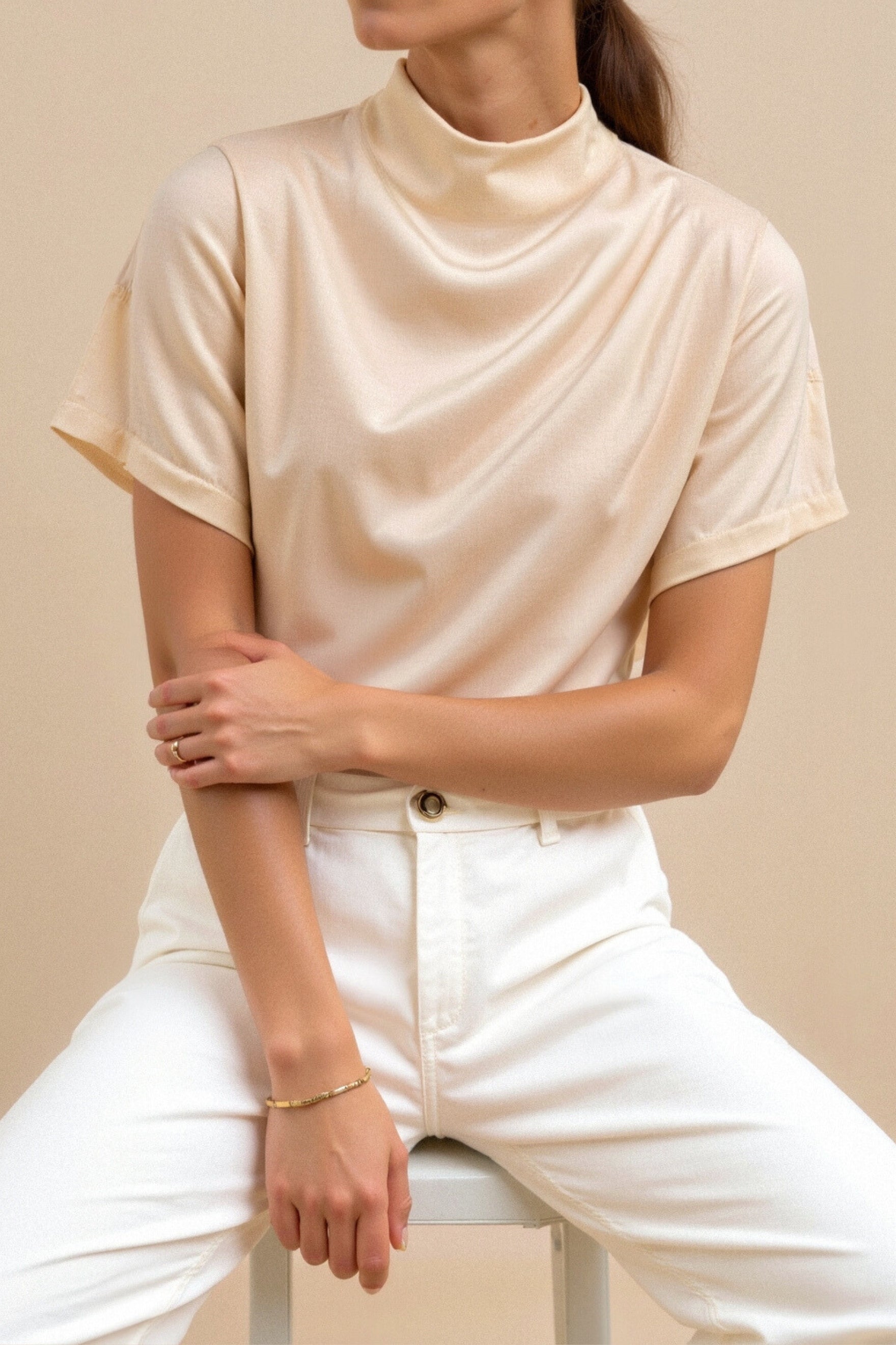 Plain Premium Solid Pleated Mock Neck Blouse