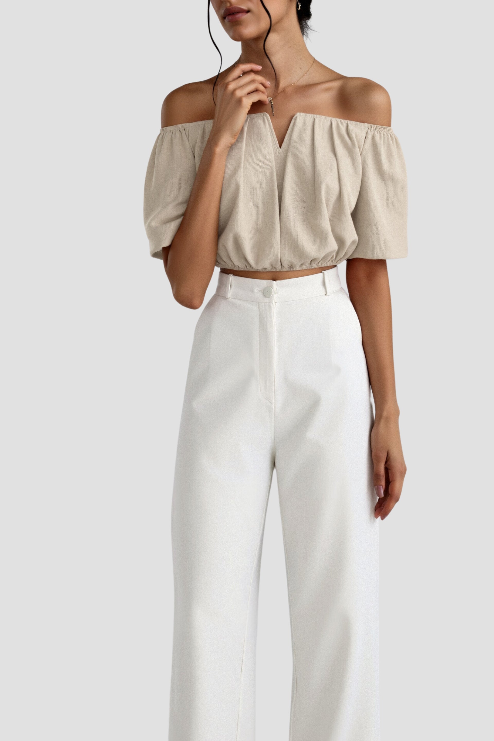 Elegant Loose Solid Pleated Notch Neck T-shirt