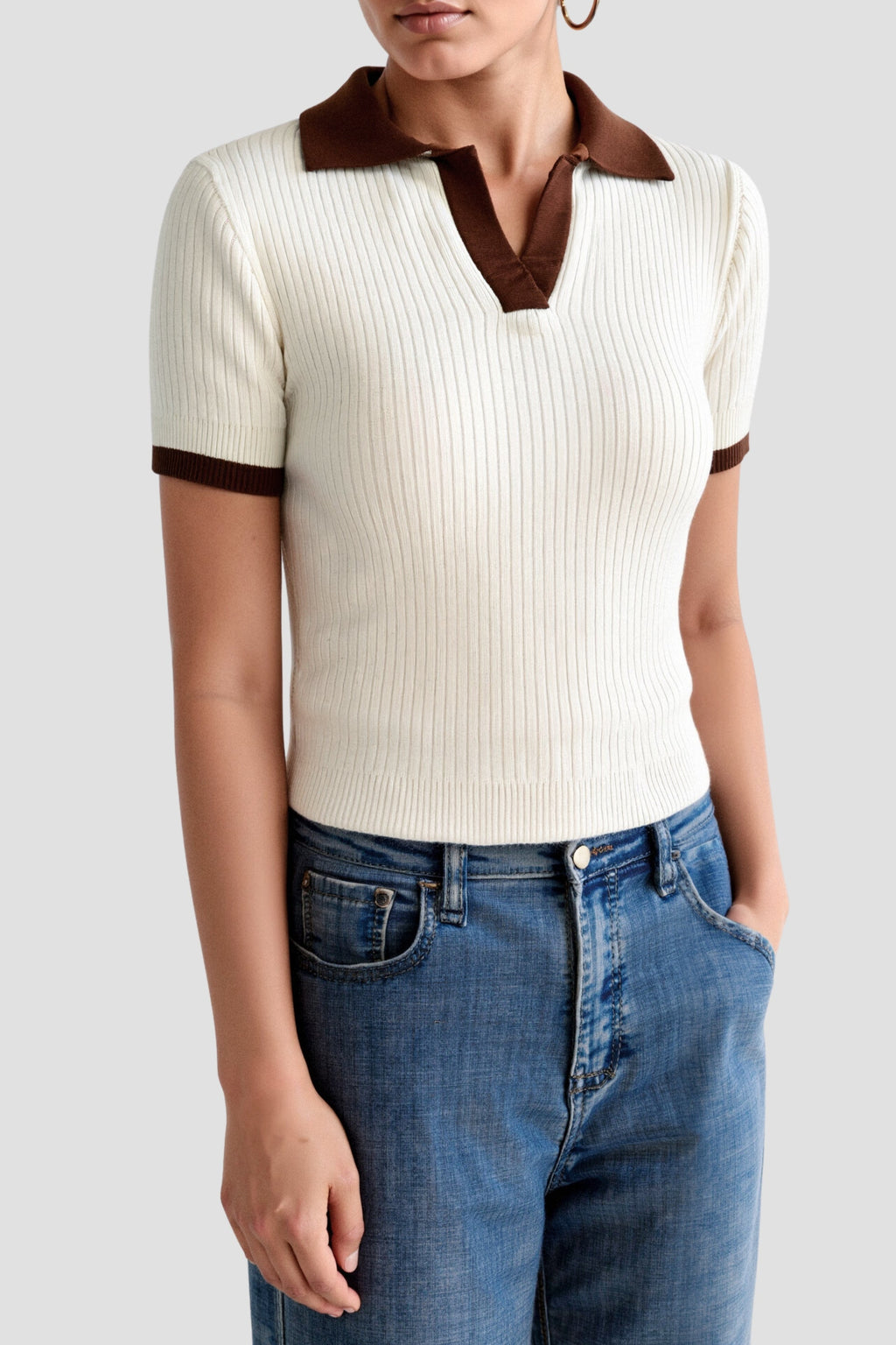 Casual Polo Color Block Notched Collar Knitted Top