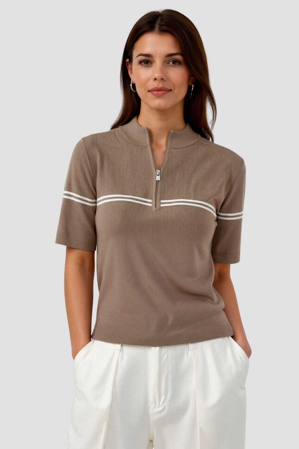 Zip Up Elegant Short Sleeve Striped T-shirt
