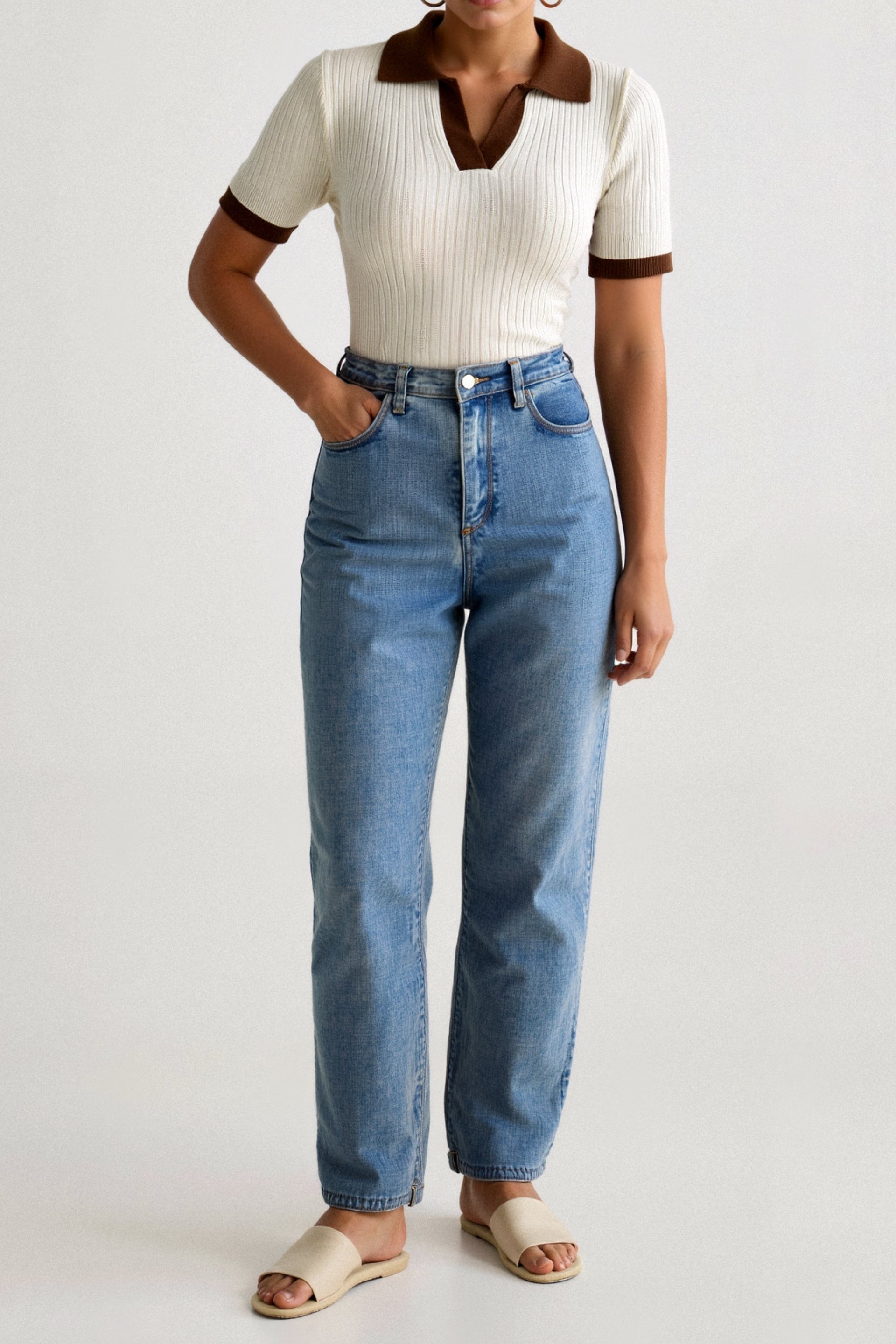 Casual Polo Color Block Notched Collar Knitted Top