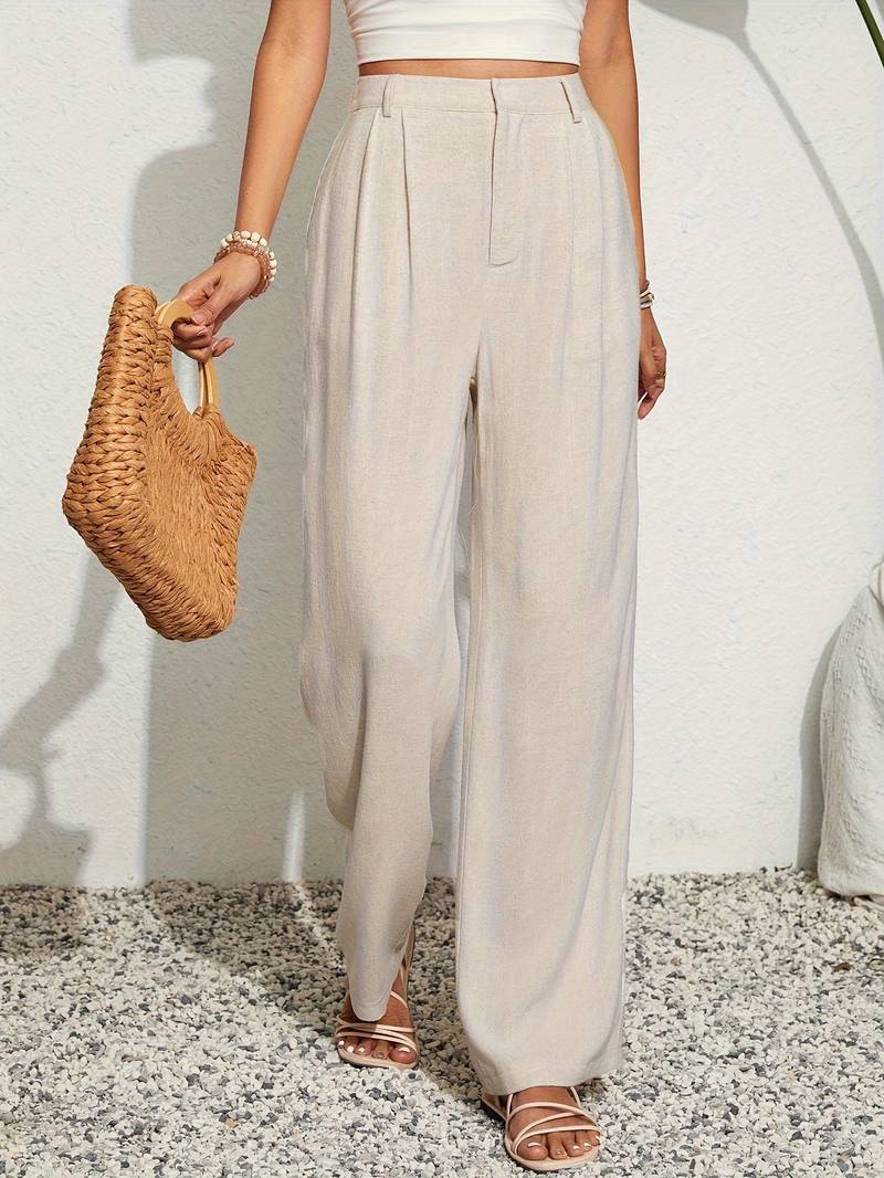 Loose Solid Color Pleated Straight Leg Pants