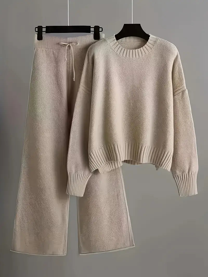 MID-SEASON SET - SOFT KNIT U-NECK SWEATER  & WIDE-LEG PANTS KHAKI