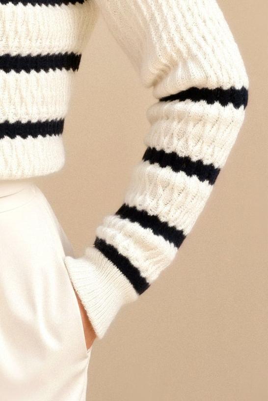 Premium Elegant Long Sleeve Patterned Striped Drop Shoulder Collared Sweater