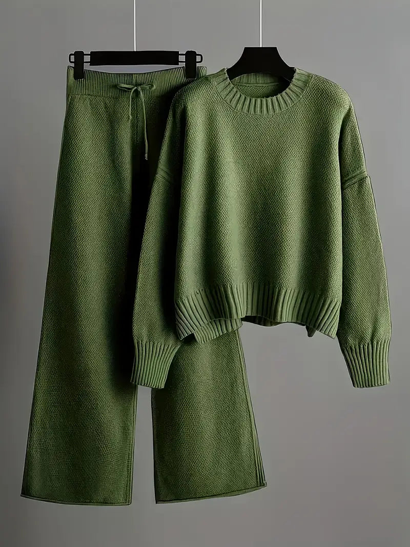 MID-SEASON SET - SOFT KNIT U-NECK SWEATER  & WIDE-LEG PANTS GREEN