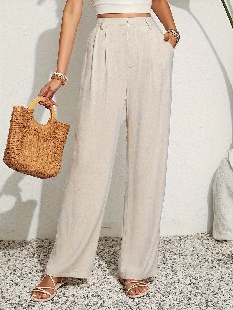Loose Solid Color Pleated Straight Leg Pants