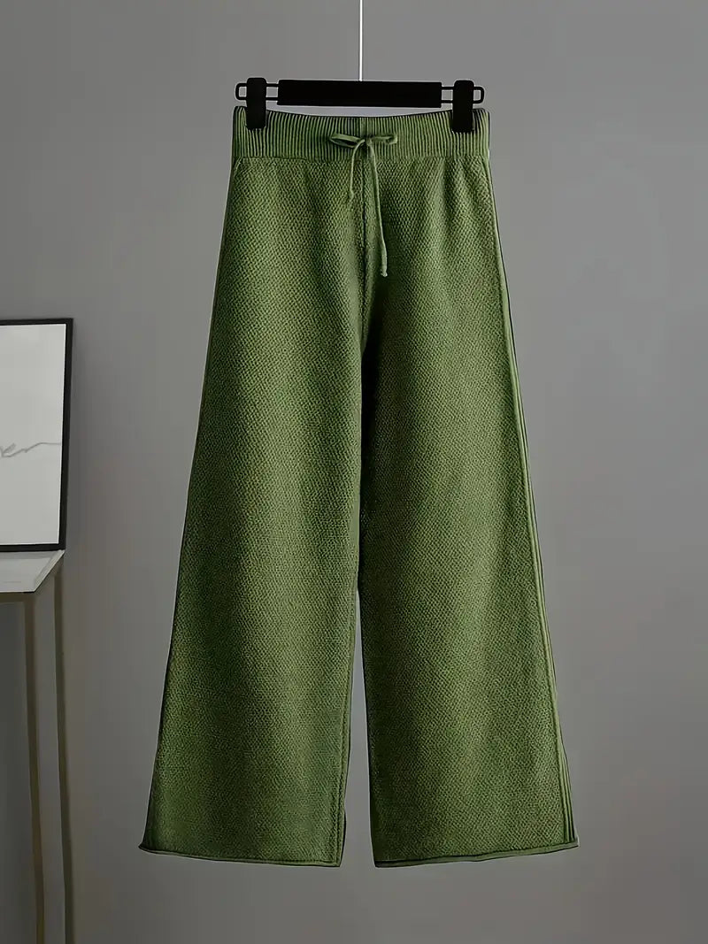 MID-SEASON SET - SOFT KNIT U-NECK SWEATER  & WIDE-LEG PANTS GREEN